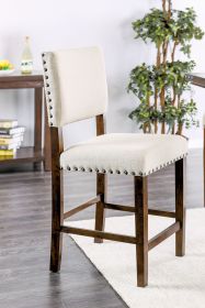 Classic Set of 2pc Counter Height Dining Chairs Ivory Fabric Padded Linen Chairs Upholstered Cushion High Chairs Nailhead Trim Kitchen Dining Roo