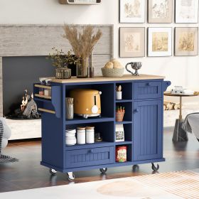 Kitchen Island Cart with Storage Cabinet and Two Locking Wheels,Solid wood desktop,Microwave cabinet (Material: MDF, Color: Dark blue)
